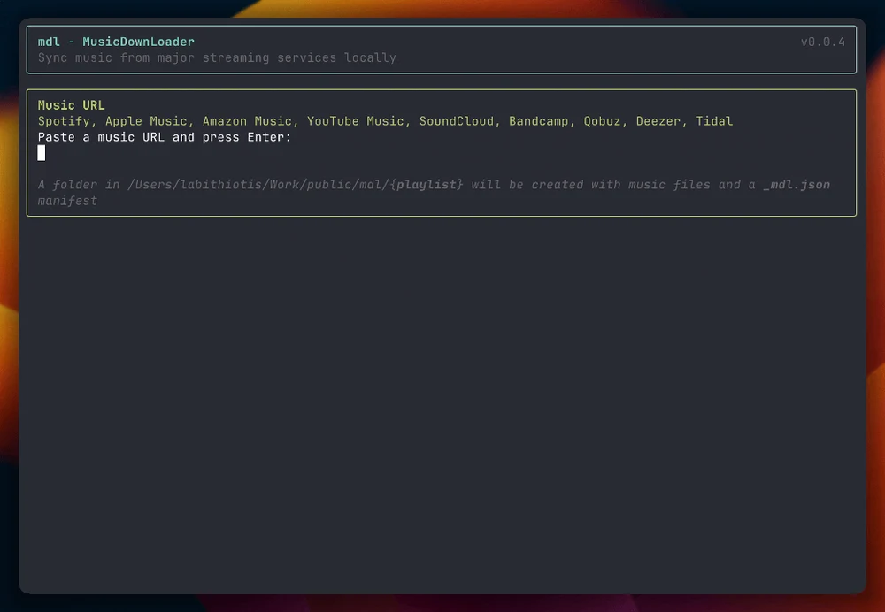 The MusicDL command-line interface shown in its current repository documentation.