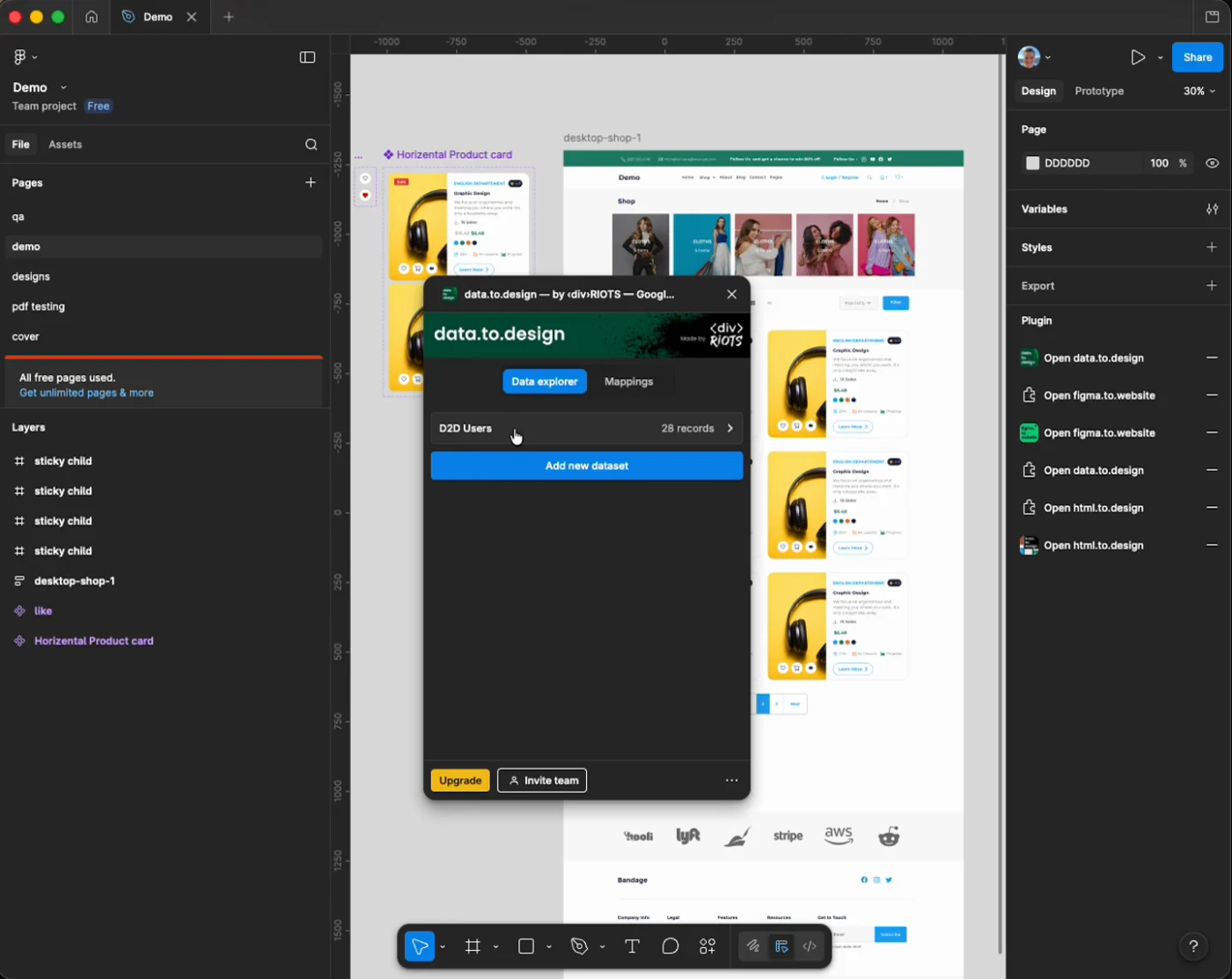 data.to.design running inside Figma, mapping a dataset into an ecommerce design.