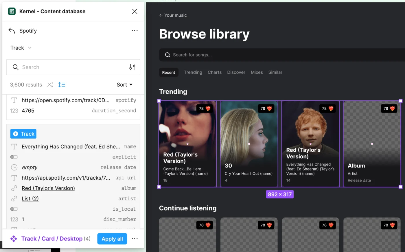 The Kernel Figma plugin applying mapped product data to design layers.