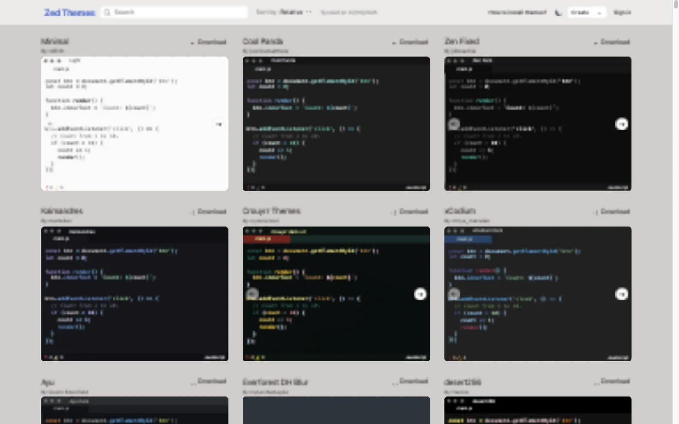 The Zed Themes website showing the theme collection and editor previews.